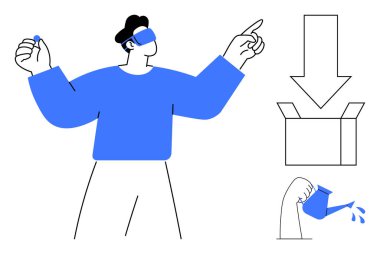 VR kulaklıkla etkileşime giren kişi, el hareketleriyle su dolduran kişi, oktan kutuya. VR, teknoloji, yenilik, gelecek, talimatlar, veri aktarımı görselleştirme için ideal. Basit düz metafor