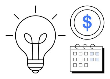 Fikirleri temsil eden ampul, finansı sembolize eden dolar parası ve zaman yönetimi için takvim. Yenilik, bütçe, mali hedefler, yaratıcılık, planlama, organizasyon stratejisi için ideal