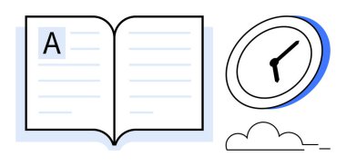 Saat ve bulut elementi ile eşleştirilmiş yazılı içeriği olan açık bir kitap. Eğitim, zaman yönetimi, okuma, üretkenlik, planlama, öğrenim alışkanlıkları ve teslim tarihleri için ideal. Temiz ve basit düz metafor