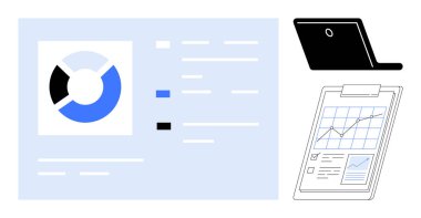 Pasta şeması, görev kontrol listesi, panodaki çizgi grafiği ve laptop veri görselleştirmesini, verimliliği temsil ediyor. Analiz, teknoloji, planlama, iş geliştirme araştırma stratejisi için idealdir.
