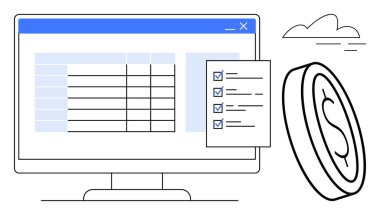 Hesap tablosu, kontrol listesi vurgulama görevleri, finans ve bütçe temaları için para ve bulut içeren bilgisayar monitörü. Finans, organizasyon, üretkenlik, planlama, muhasebe teknolojisi için ideal