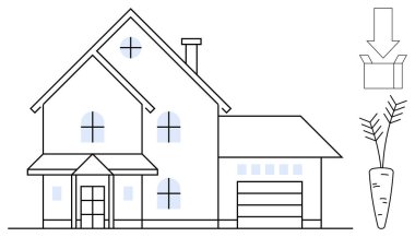 Büyük garajlı modern ev, organik yiyecekleri temsil eden havuç ve oklu teslimat kutusu. Çevre yaşamı, sürdürülebilirlik, organik bahçıvanlık, ev yapımı, minimal tasarım, eko-teknoloji basit