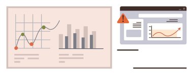 Analitik gösterge paneli uyarı simgesi olan bir tarayıcı penceresinin yanında çizgi çizelgeleri ve çubukları gösteriyor. Analiz, performans takibi, iş büyümesi, uyarılar, rapor oluşturma ve izleme için ideal