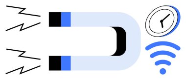 At nalı mıknatısı yıldırımlarla enerji çekiyor, saati ve kablosuz sinyali gösteriyor. Cazibe, zaman tasarrufu, teknoloji, iletişim, verimlilik bağlantıları için ideal. A