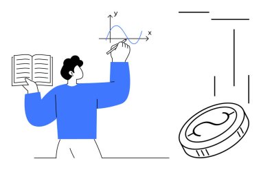 Finansal konsept için madeni paranın yanına x-y eksenleri ve eğri çizerek kitap tutan kişi. Eğitim, veri analizi, araştırma, ekonomi, planlama, büyüme ve kalkınma için ideal