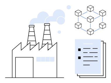Fabrika duman yayıyor, endüstriyel süreçleri tasvir ediyor. Engelleme ağı ve belgeler veri yönetimini, şeffaflığı ve dijitalleşmeyi simgeler. Endüstri, teknoloji ve tedarik zinciri için ideal