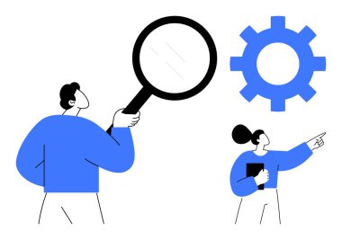 Bir büyüteç ve teçhizatla süreci analiz eden iki karakter. Süreç değerlendirmesi, takım çalışması, yenilik, sorun çözme, iş stratejileri, üretkenlik, basit düz metafor