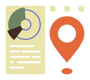 Renkli analitik çizelge ve noktalı turuncu lokasyon iğnesinin yanındaki metin paneli. İş, konum hizmetleri, pazarlama, planlama, strateji, veri görselleştirme için ideal, basit düz metafor