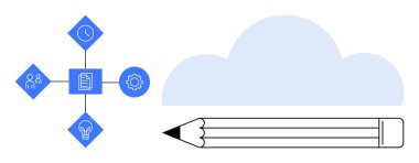 Bulutun altında, takım çalışması, planlama, yenilik ve zamanı temsil eden dört ikona sahip bir kalem. İşbirliği, yaratıcılık, bulut fikirleri, beyin fırtınası, dijital strateji bulut hizmetleri için ideal