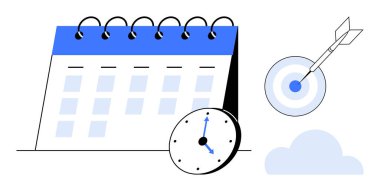 Takvim, saat, dart vuruş hedefi ve bulut etkili zaman yönetimi, hedef belirleme, verimlilik, stratejik planlama, odaklanma ve son teslim tarihi takibi temsil ediyor. Basit düz metafor