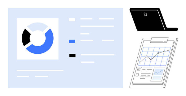 Пироговая диаграмма, контрольный список задач, линейный график в буфере обмена и ноутбук представляют собой визуализацию данных, производительность. Идеально подходит для аналитики, технологий, планирования, стратегии исследования роста бизнеса простой плоской