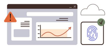 Uyarı uyarısı olan tarayıcı penceresi, veri büyümesini gösteren grafik ve bulut bağlantılı parmak izi taraması. Güvenlik, analitik, biyometri, kimlik doğrulama, teknoloji bulut depolama güvenliği için idealdir. A