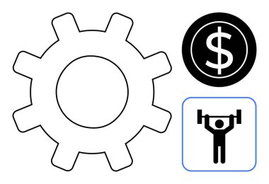 Üretkenliği sembolize eden ikon, finansal başarıyı temsil eden dolar işareti ve güç ve kişisel gelişimi simgeleyen halter figürü. İş, finans ve verimlilik için ideal
