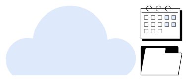 Dizin ve takvim tasarımı ile bulut şekilli element veri depolama, organizasyon ve zamanlamayı vurguluyor. Üretkenlik, zaman yönetimi, dijital planlama, dosya paylaşımı için ideal