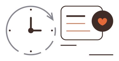 Oklu saat, mesaj kutusu ve kalp sembolü zaman takibi, verimlilik ve sağlığın önemini vurguluyor. Program, planlama, sağlık dengesi, kişisel bakım önceliği motivasyonu iş hayatı için ideal