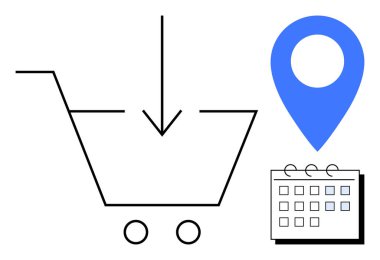 Aşağı doğru ok, mavi işaret ve takvimle alışveriş arabası. E-ticaret, lojistik, planlama, teslimat çizelgesi, perakende siparişleri için ideal. Minimalist basit düz