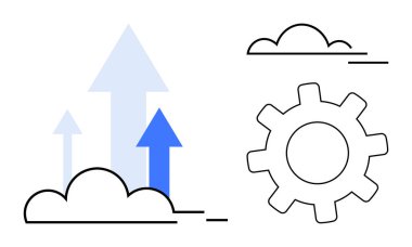 Oklar bulutların üstünde, dişli bir elementin yanında. Büyüme, yenilik, başarı, üretkenlik, gelişme, strateji, takım çalışması için idealdir. Basit bir düz metafor.
