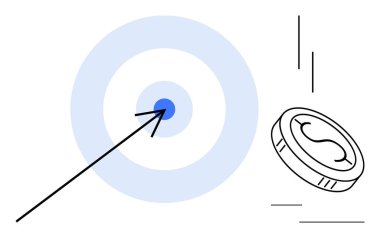 Ok, madeni para, finansal başarı ve ödülü sembolize eden bir madeni paranın yanında hedefe ulaşıyor. Mali planlama, hedef belirleme, strateji, yatırım, iş doğruluğu için ideal