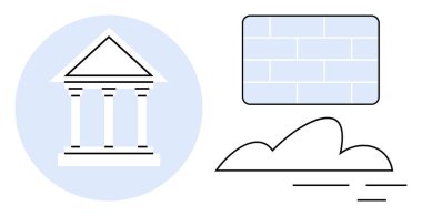 Sütunlu yapı geleneği taşır, tuğla duvar gücü simgeler, bulut şekilleri yeniliği önerir. İstikrar, koruma, büyüme, kurumlar, mimari, hedefler için ideal ilerleme