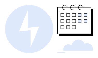 Üstünde küçük kareler ve halkalar olan bir takvimin yanında çakan şimşek çakıyor, üstüste binen ışık bulutu. Zaman yönetimi, üretkenlik, enerji, etkinlikler, zamanlama, organizasyon, iş akışı için ideal basit düz