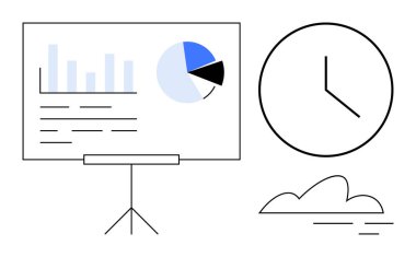 Çubuk grafik, pasta grafiği, analog saat, ve veri analizini sembolize eden bulut, zaman yönetimi, üretkenlik, takım çalışması, iş stratejisi, proje planlaması ve verimlilik basit bir daire olarak gösterildi