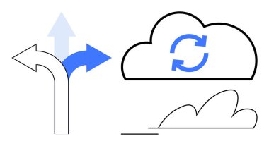 Farklı yönleri gösteren oklar karar vermeyi sembolize eder. Senkronize oklu bulut simgesi veri senkronizasyonunu temsil ediyor. Teknoloji, yön, strateji, güncelleme, bulut hesaplama için ideal