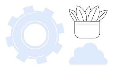 Minimalist bir saksı bitkisi ve bulut yanında büyük bir teçhizat. Büyüme, yenilik, teknoloji, doğa, sürdürülebilirlik, denge ve yaratıcılık için idealdir. Basit bir düz metafor.