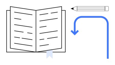 Görünür metin satırları, bir kalem ve aşağıya bakan eğri mavi bir okun olduğu açık bir kitap. Eğitim, yazma, yaratıcılık, öğrenim, organizasyon yönetimi için ideal. Basit bir düz metafor.