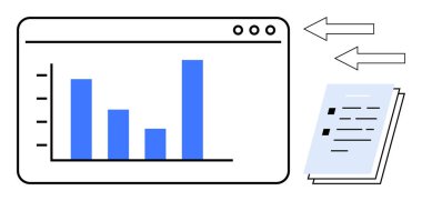 Bir bilgisayar penceresinde, belge paylaşımını ve değiş tokuşu gösteren oklarla gösterilen çubuk çizelgesi. Veri analizi, rapor hazırlığı, takım çalışması, dosya transferi, iş akışı, işbirliği, basit