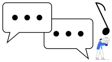 İki konuşma balonu, bir müzik notası ve elinde parlayan bir ampul tutan bir kişi. İletişim, yaratıcılık, işbirliği, müzik, beyin fırtınası, kişisel gelişim ve basit bir dairede yenilik.