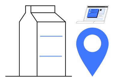 Minimalist süt kutusu, mavi coğrafi konumlandırma iğnesi ve dağıtım, market alışverişi veya e-ticaret için kullanıcı arayüzü içeren laptop ekranı. Navigasyon, e-ticaret, teknoloji, teslimat pazarı için ideal