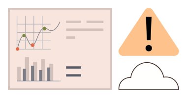 Çubuk ve çizgi çizelgeli analiz paneli, turuncu alarm üçgeni ve bulut tabanı. Veri izleme, istatistik, risk yönetimi, tahmin, internet, depolama çevrimiçi hizmetleri için idealdir