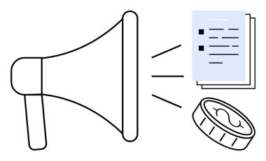Belgeler ve madeni para yansıtan megafon reklamcılık, iletişim ve finansal büyümeyi temsil ediyor. Pazarlama, tanıtım, iş stratejisi, reklamcılık ve halkla ilişkiler için ideal.