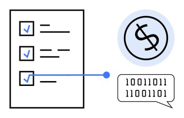 Mavi işaretli kontrol listesi, bir dolar işareti simgesine bağlı daire ve ikili kod konuşma baloncuğuyla çevrili. Finans, teknoloji, veri analizi, otomasyon, dijital iş akışı, ödeme için ideal