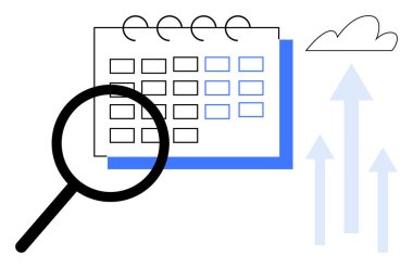 Yukarı doğru ok ve bulut ile takvim üzerinde büyüteç, zamanlamayı, analitiği, büyümeyi sembolize ediyor. Üretkenlik, iş planlaması, zaman yönetimi, başarı, hedefler performansı için ideal