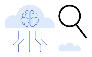 Bulutların içindeki beyin, keşif için büyüteç yanında devrelerle birbirine bağlı. Yenilik için ideal, yapay zeka araştırması, veri bilimi, makine eğitimi, bulut hesaplaması, bilgi araması