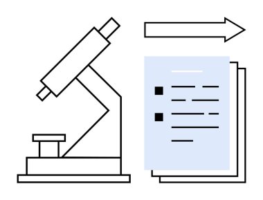Bilimsel çalışmanın yanı sıra araştırma kağıtlarını vurgulayan mikroskop ve ileri doğru adımları gösteren bir yön oku. Analiz, keşif, araştırma, yenilik, veri, bilim eğitimi için ideal