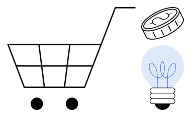 İki tekerlekli alışveriş arabası, dolar işaretli sikke ve yeniliği, finansal büyümeyi, e-ticareti, iş stratejisini, sürdürülebilirliği, yaratıcı çözümleri ve tüketici davranışını sembolize eden ampul.