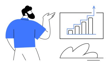 Ekranda yukarı doğru hareket eden bir adam veri içgörüsünü ve ilerlemesini analiz ediyor. Ticari büyüme, analitik, strateji, finans, eğitim, takım çalışması başarı planlama için idealdir. Basit bir daire.