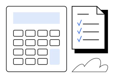 Mavi işaretli hesap makinesi ve kontrol listesi hesaplamalar, görev tamamlama ve verimliliği öneriyor. Muhasebe, bütçe, organizasyon, iş akışı, finans, basit bir daire planlamak için ideal