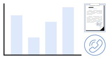 Analizi gösteren çubuk grafik, imzalı belge, veri izleme, raporlama, doğrulama ve iletişimi sembolize eden çağrı simgesi. İş, analiz, iletişim doğrulama için ideal