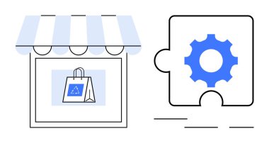Dişli yapboz parçasının yanında çizgili tente ve alışveriş çantası olan küçük bir dükkan önü. Perakende, e-ticaret, çevrimiçi alışveriş, iş stratejisi, çözümler, problem çözme, yenilik için ideal