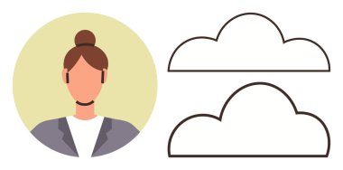 Basit bulut şekillerinin yanında resmi giyinmiş kadın karakter, teknolojiyi, bulut hesaplamasını, sanal hizmetleri, dijital iletişimi, uzaktan çalışmayı ve çevrimiçi bağlantıyı sembolize ediyor. IT için ideal