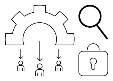Kullanıcılara bağlı oklar, büyüteç, ve asma kilit otomasyonu sembolize eden bir kilit, işbirliği, veri koruması, gizlilik, araştırma ve erişim kontrolü. Takım çalışması için ideal