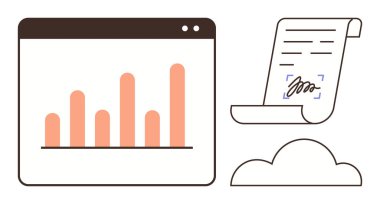 Web analizi grafiği, kağıt parşömen üzerine imzalı belge ve bulut depolama. Dijital dönüşüm için ideal, bulut hesaplama, çevrimiçi güvenlik, veri analizi, iş sözleşmeleri, teknoloji sade düz