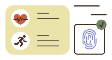 Kalp atış hızı ve zindelik takip simgelerine sahip dijital sağlık kayıtları parmak izi biyometrik taraması ve doğrulama kontrolüyle eşleştirildi. Sağlık, zindelik, güvenlik, kimlik doğrulama ve veri için ideal