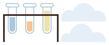 Basit bulut şekillerinin yanında rafta turuncu, sarı ve temiz sıvılar bulunan test tüpleri. Bilim, kimya, çevre, hava kalitesi, araştırma, yenilik sürdürülebilirliği için ideal basit düz