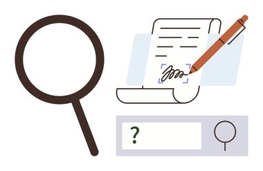 Büyüteç, kalem imzalama animasyonu, sorgulama vurgusu olan arama çubuğu. Araştırma, doğrulama, sözleşmeler, analiz, şeffaflık dijital araçlar için ideal. Basit düz