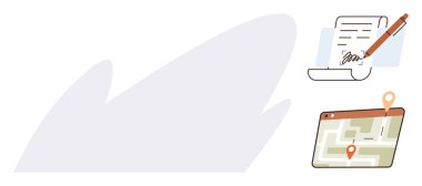 Tabletin yanında konum iğneleriyle haritayı gösteren kalemle imzalanmış kağıtlar. Belgelendirme, navigasyon, sözleşme, lojistik, planlama, e-imza, basit düz metafor için ideal