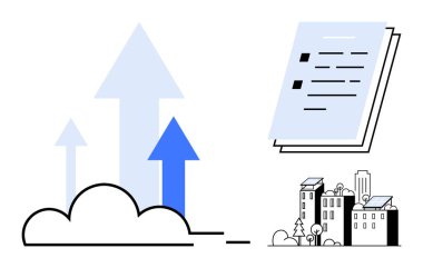 Yükselen mavi oklar ilerlemeyi simgeliyor, belgeler planlamayı temsil ediyor ve kentsel konut gelişimi vurguluyor. Büyüme, sürdürülebilirlik, şehir planlaması, yenilik, analiz, yatırım için ideal